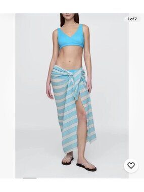 New! GAP Cotton Linen Striped Wrap Sarong Scarf Blue White Boho Bohemian Coastal